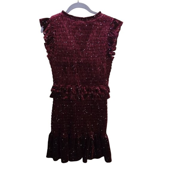 Aqua Burgundy Velvet Smocked Ruffle Metallic Silver Star Mini Dress Size S - Picture 3 of 6
